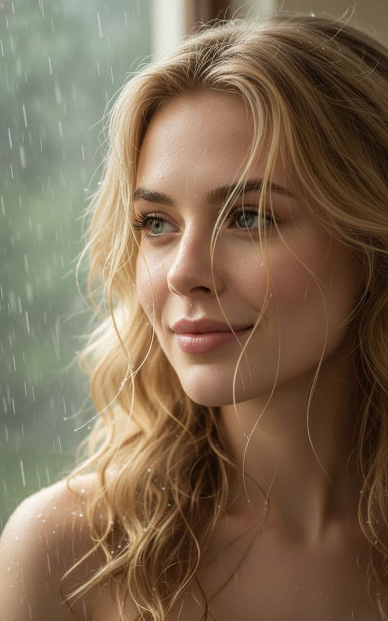 AI generated: Photo realistic macro shot of the uploaded woman's face with shallow depth. Camera from 3/4 angle, v...