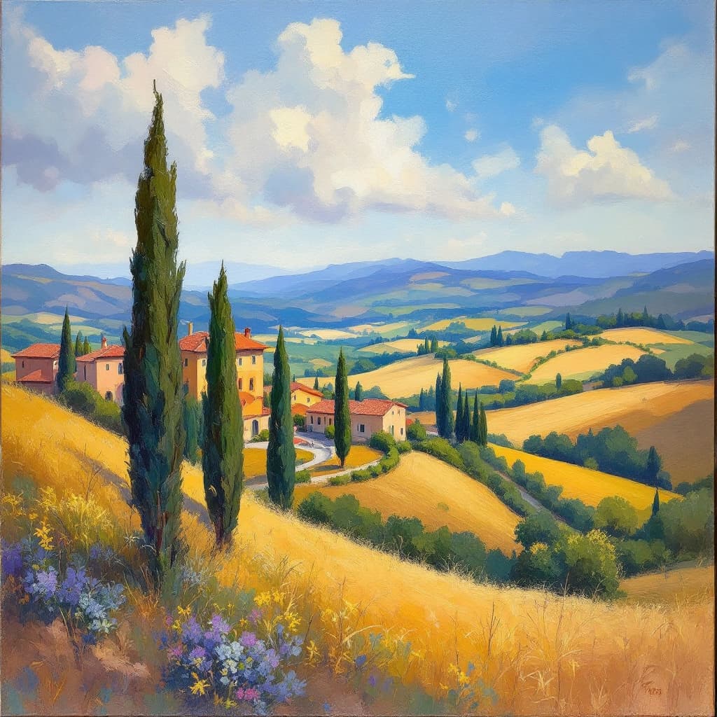AI generated: impressionist painting on canvas of Tuscany, beautiful landscape with Tuscan farmhouse, in the style...