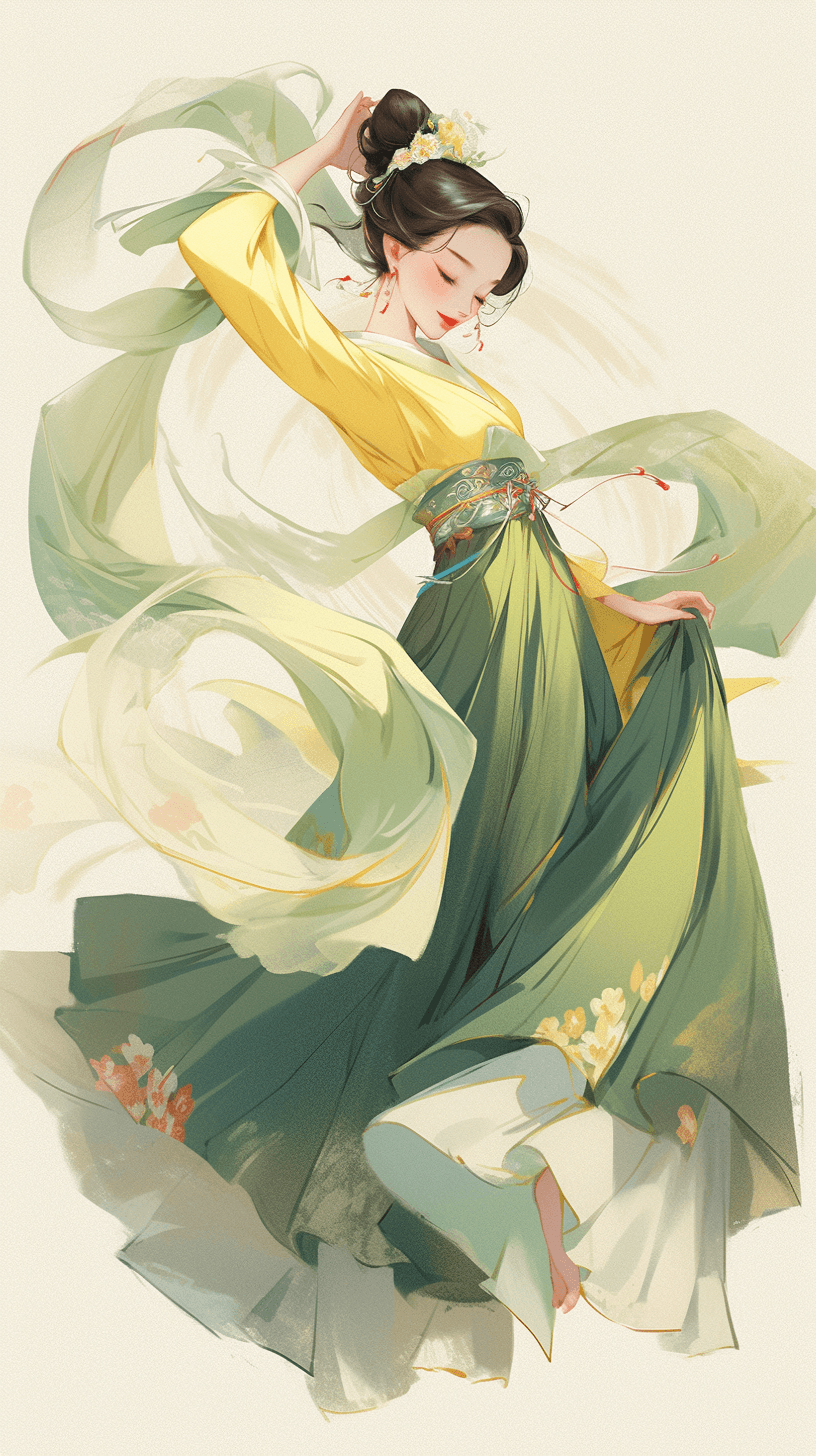 AI generated: Low Angle Shot of a vibrant photograph of a spirited dancer from Tang Dynasty in a flowing silk cost...