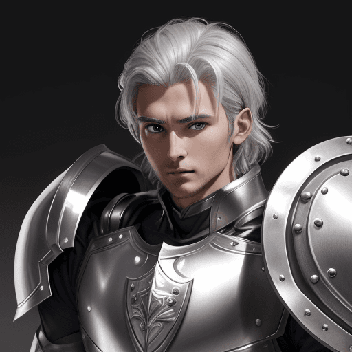 AI generated: paladin human man with silver hears grey big eyes and with a shield on his back, 29 years old, smal ...