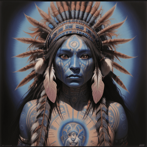 AI generated: Psychedelic DMT shaman Native American female blue skin, transcending, wearing shipibo tattoos, insi...