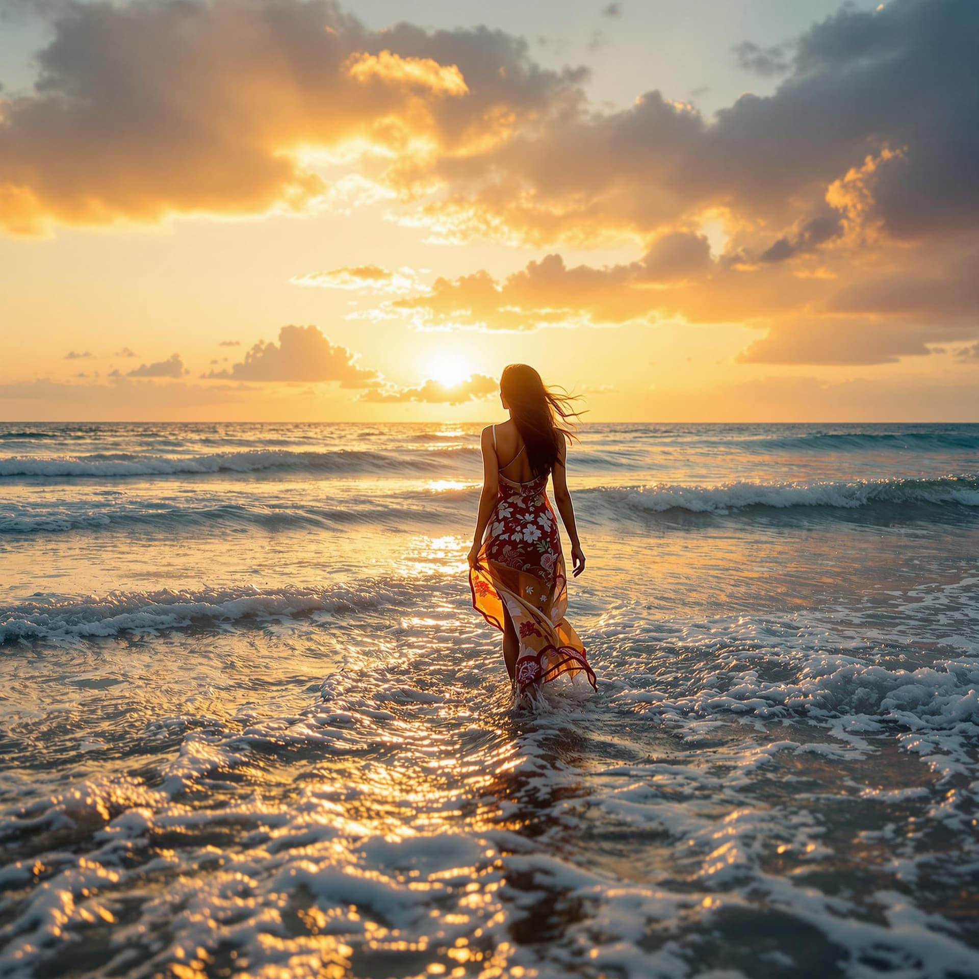 AI generated: The image features a Indian woman standing in the beach, small waves, highly detailed, HRD CLoud, ex...