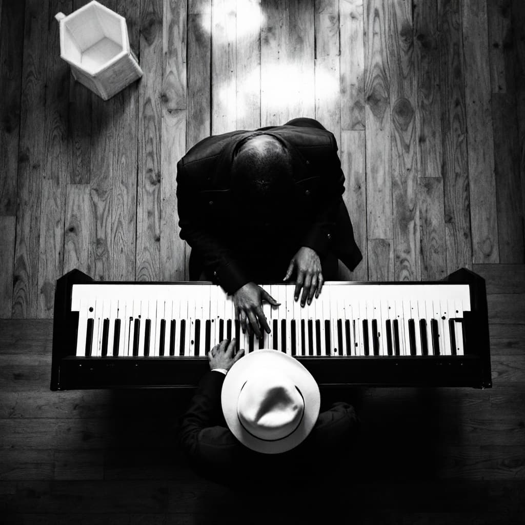 AI generated: Capture a black and white photograph from a bird's-eye view of a person playing piano. The focus sho...