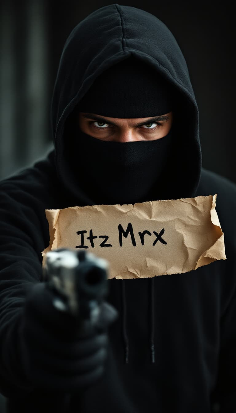 AI generated: man wearing black hoodie holding a peace of wrapped  paper in the right  saying "Itz Mrx" hand writh...