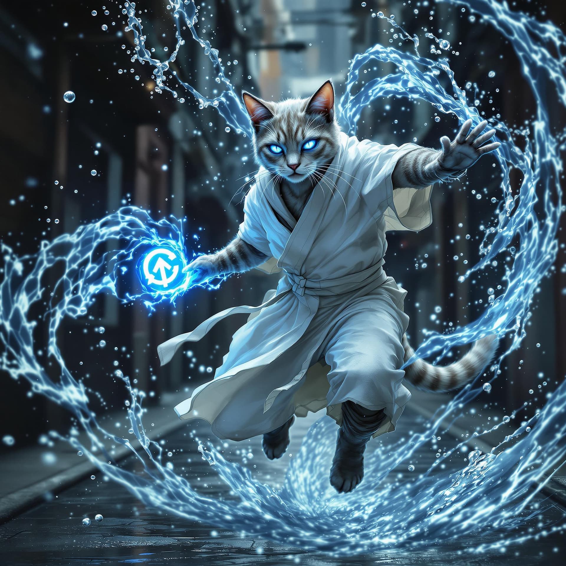 AI generated: an anthropomorphic cat wearing white linen is depicted in an action pose, swirling water with an arr...