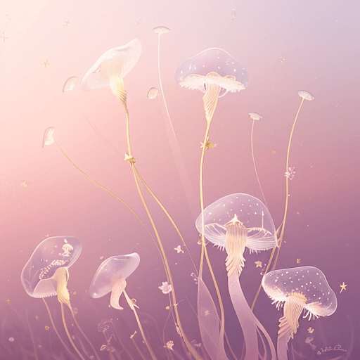AI generated:   Detail with 6 small, beautiful, delicate flowers that stand in a field, but are transparent and tr...