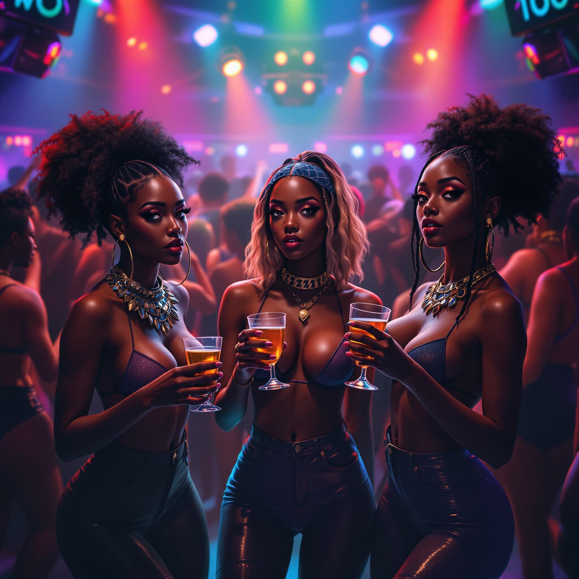 AI generated: 3 very attractive african american of different skin tones and hair colors are holding drinks in the...