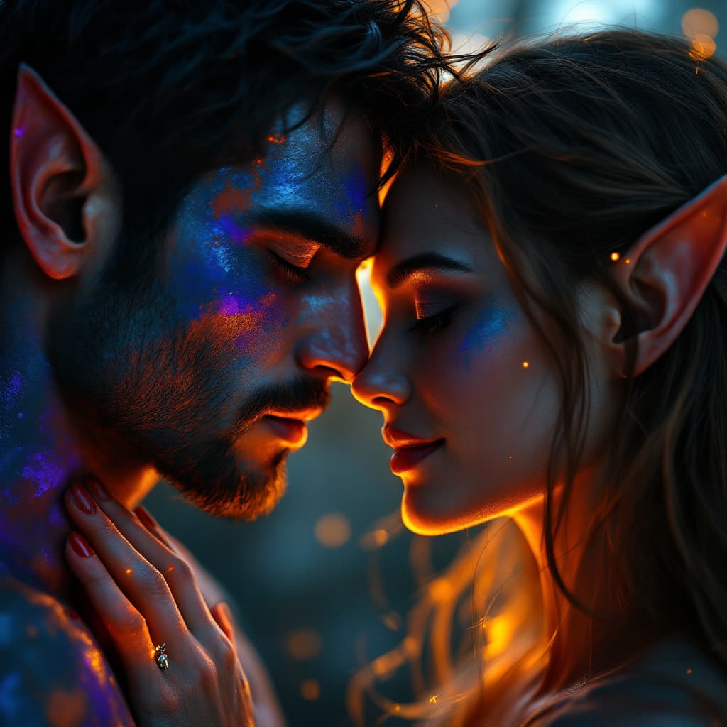 AI generated: A raw, hyper-realistic cinematic headshot of two elf lovers in an intimate embrace. Their faces are ...