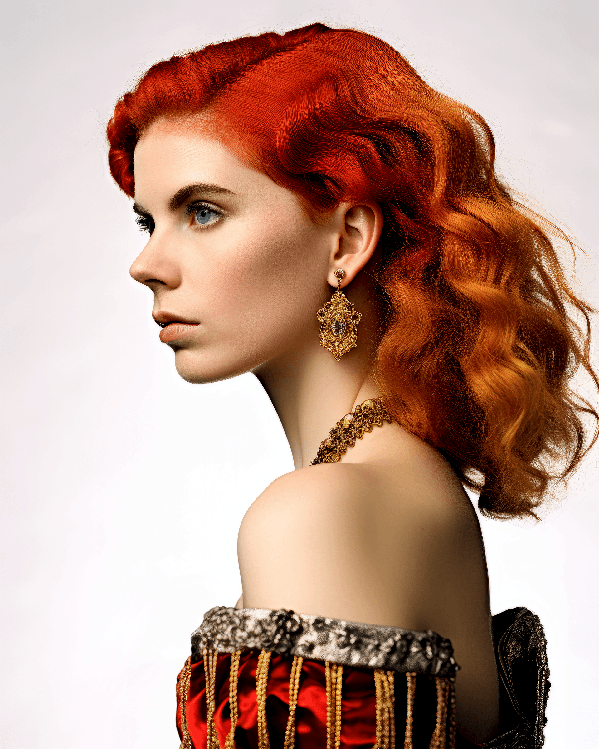 AI generated: a woman with a red dress with gold trim and earrings on her head and shoulder, fire red hair, lookin...