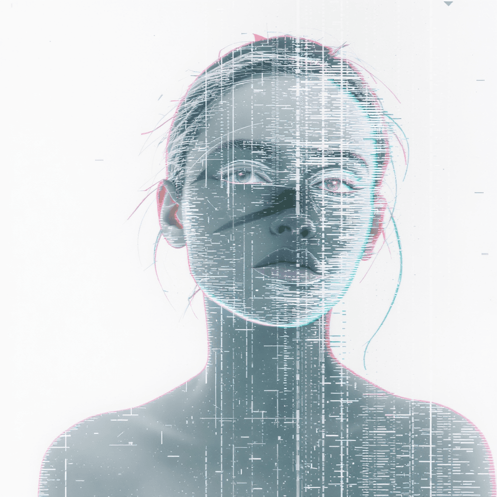 AI generated: glitch art portrait, single woman with clearly defined edges, gaze, pure white background, clean min...