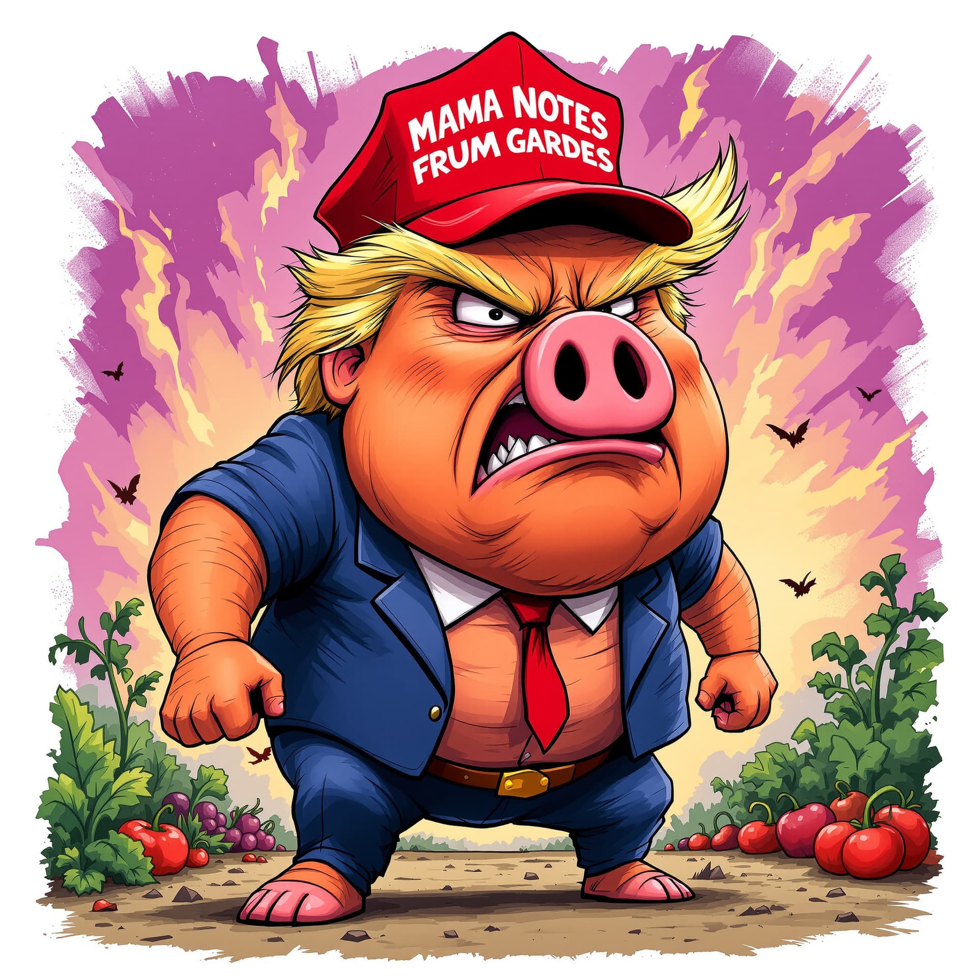 AI generated: funny caricature, angry president of the United States caricature, animated pig, ageless, with deep ...