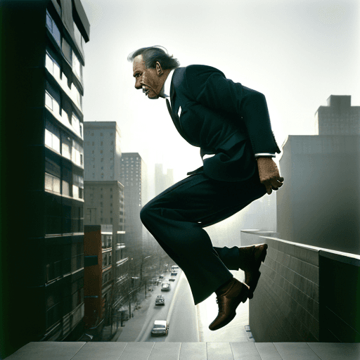 AI generated: Realistic photo of a man making a jump, morning daylight, urban, modern. Side view, lifestyle. Yousu...