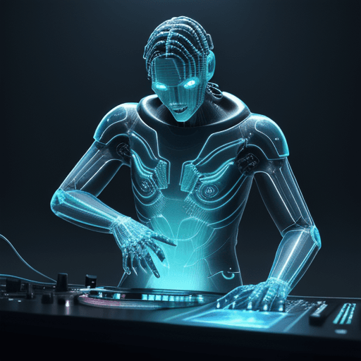 AI generated: conceptual 3D render bioluminescence man with artificial intelligence playing at the DJ console supe...