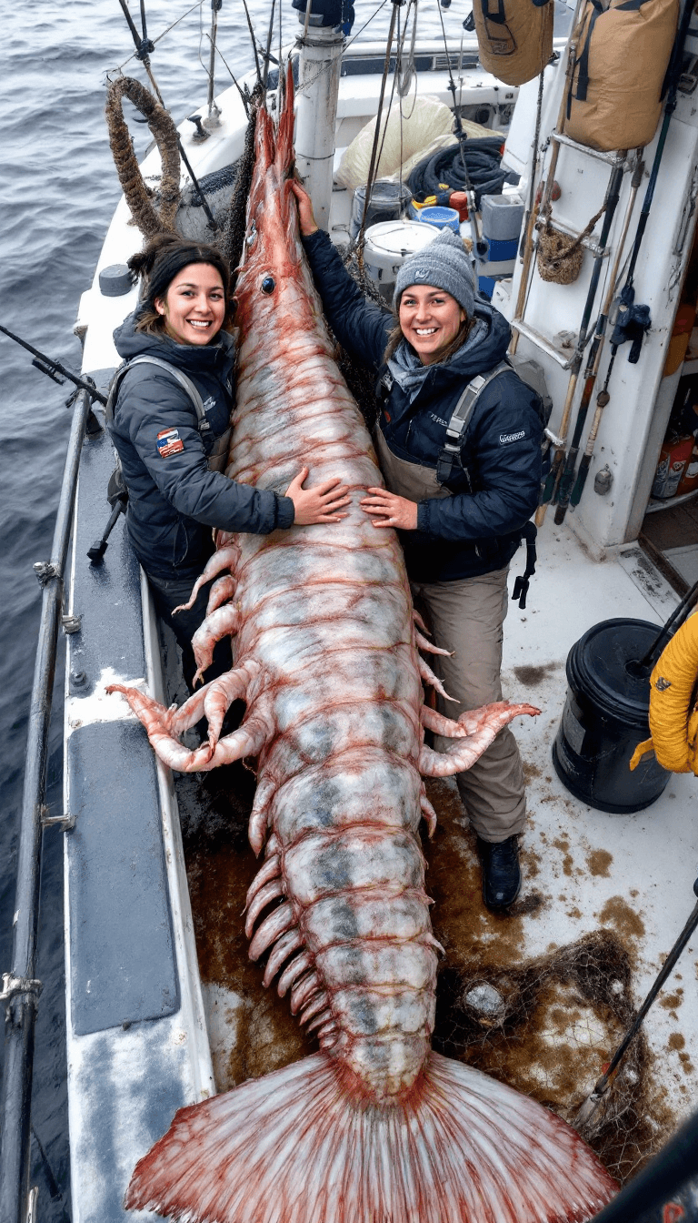 AI generated: A full-length photograph of two female fishermen on a fishing boat with a giant worm. The worm is hu...