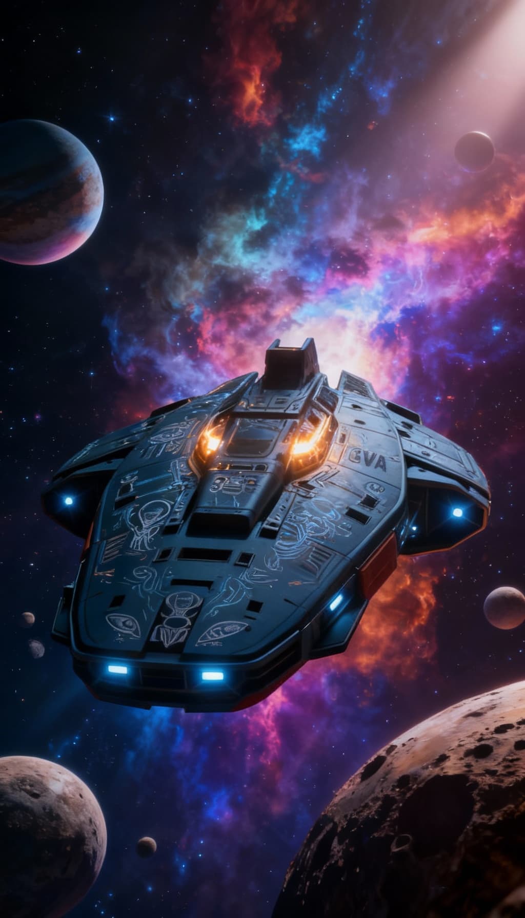 AI generated: Reimagine, in detail, the alien spaceship to show a new design. Reposition and add or change paint c...