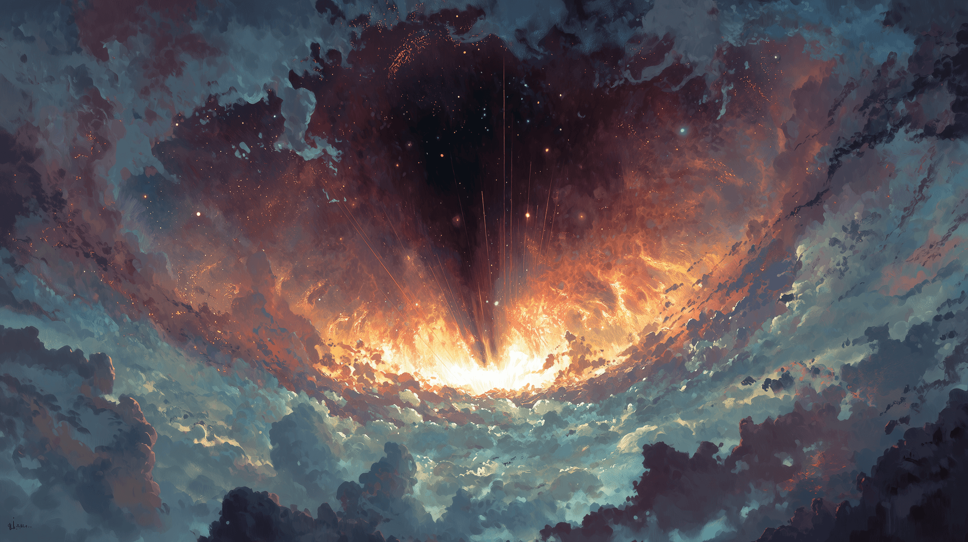 AI generated: Cosmic horror illustration of a colossal nebula collapsing into darkness, fragments of color fading ...