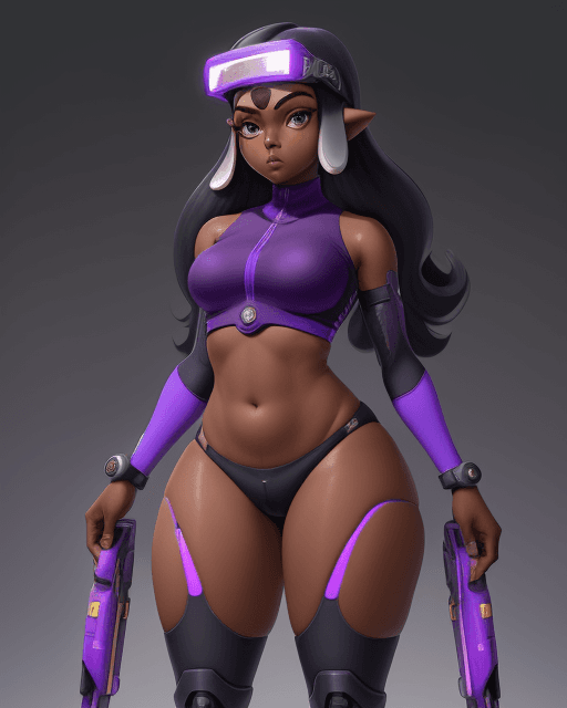 AI generated: inkling goddess, dark skin, thick thighs, head visor, future tech, standing, queen, purple