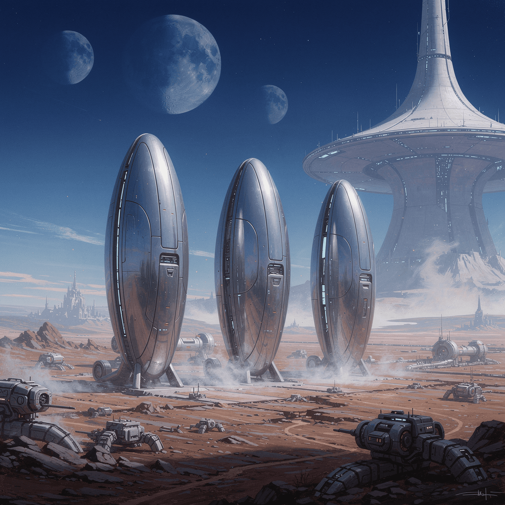 AI generated: A retrofuturistic scene of an alien planet with three large, sleek oval shaped structures standing t...