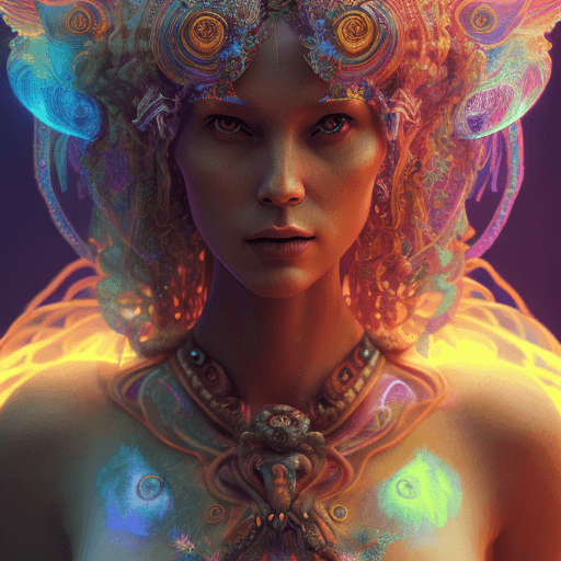 AI generated: Goddess close-up portrait ribcagel. jellyfish phoenix head, nautilus, orchid, skull, betta fish, bio...