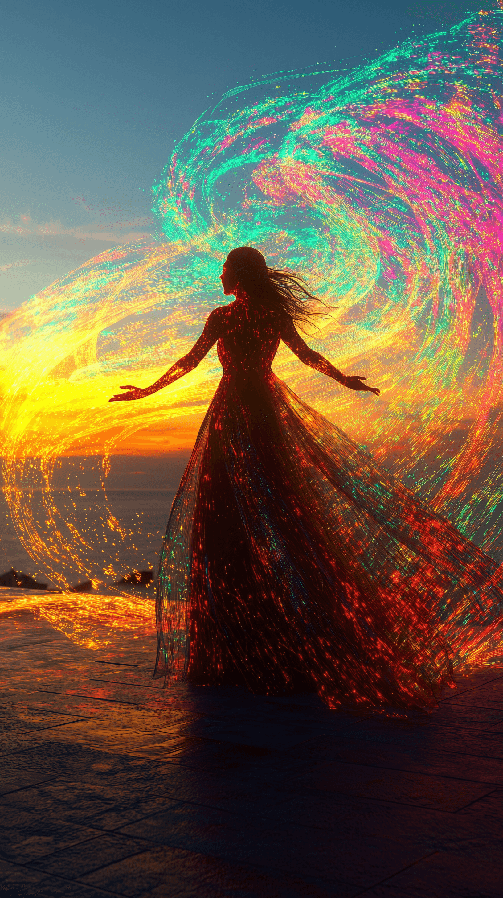 AI generated: photograph, woman, arms outstretched on a rooftop front view, tranquil coastal landscape at sunset, ...