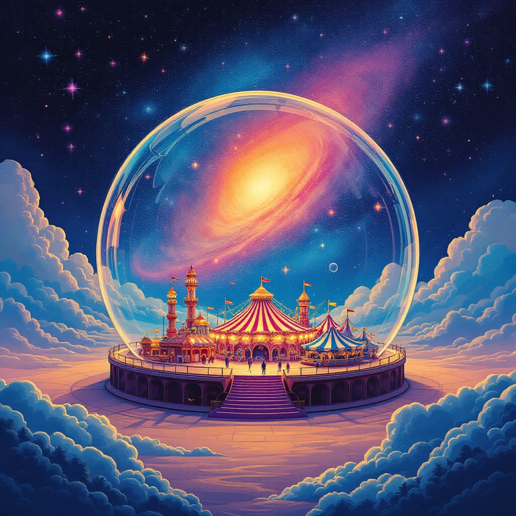 AI generated: An illustration of an album cover, a setting showing a funfair enclosed in a transparent globe. Outs...
