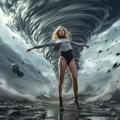 AI generated video: The tornado swirls in the background as she dances, twirling around., Then she blows a kiss and walk...