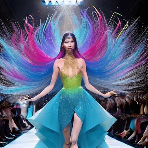 AI generated: light bubble, light art. water splashes. Canadian model walks, high vibrant colors,  during the Geor...