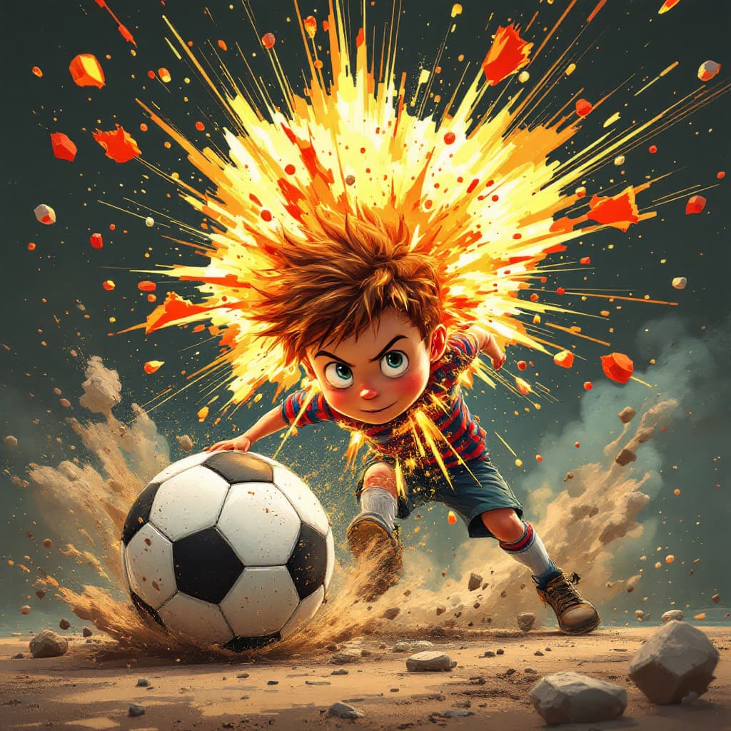 AI generated: A boy hitting a soccer ball so hard that it explodes