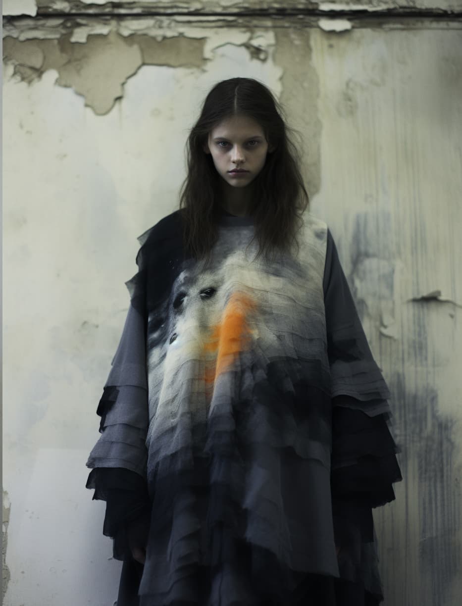 AI generated: a woman is posing in a black and white dress, paolo roversi, furries wearing tails, glitch color pal...