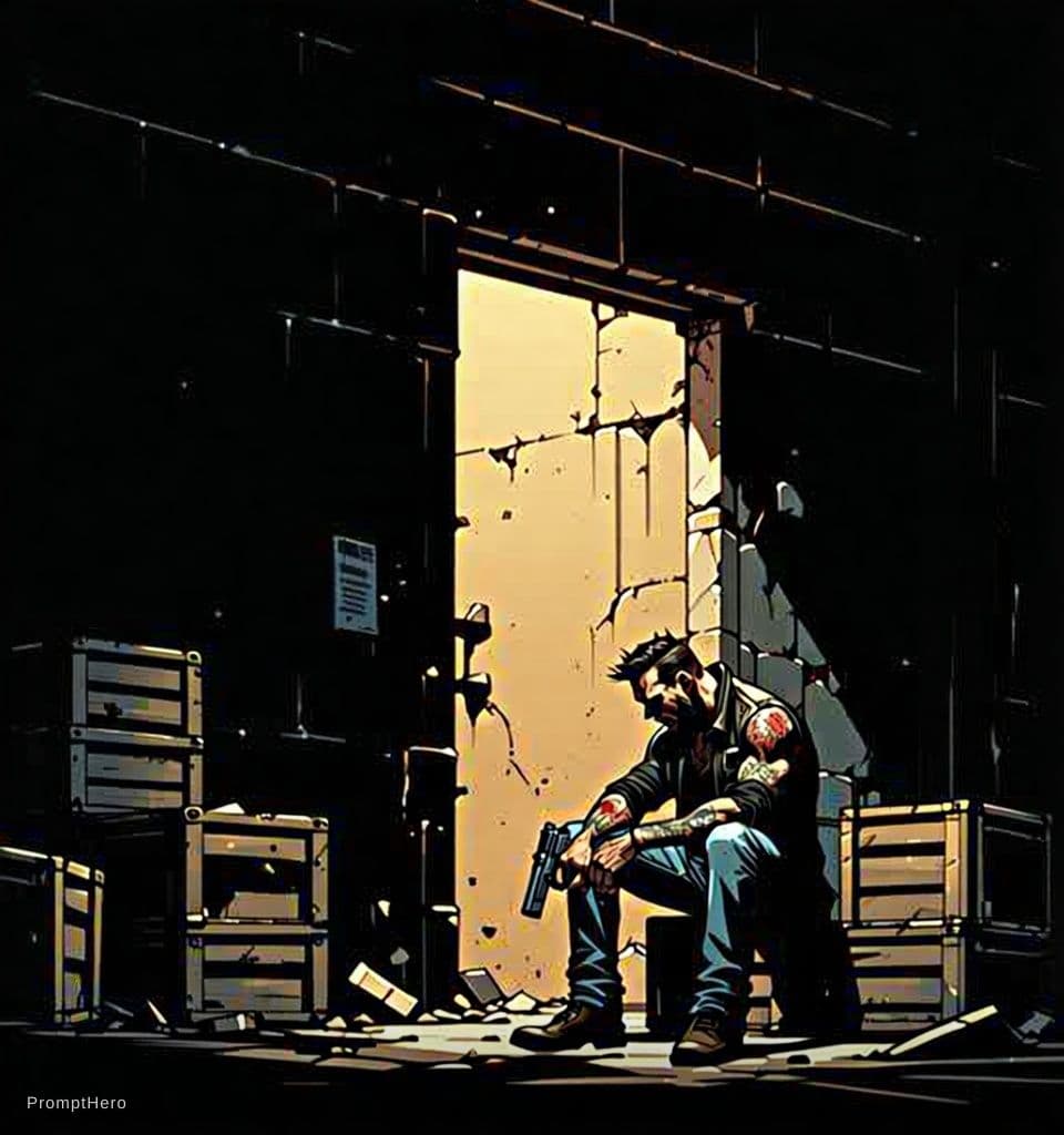 AI generated:  half body close up illustration of a brutal gangster sitting in a warehouse, badass, jeans and leat...