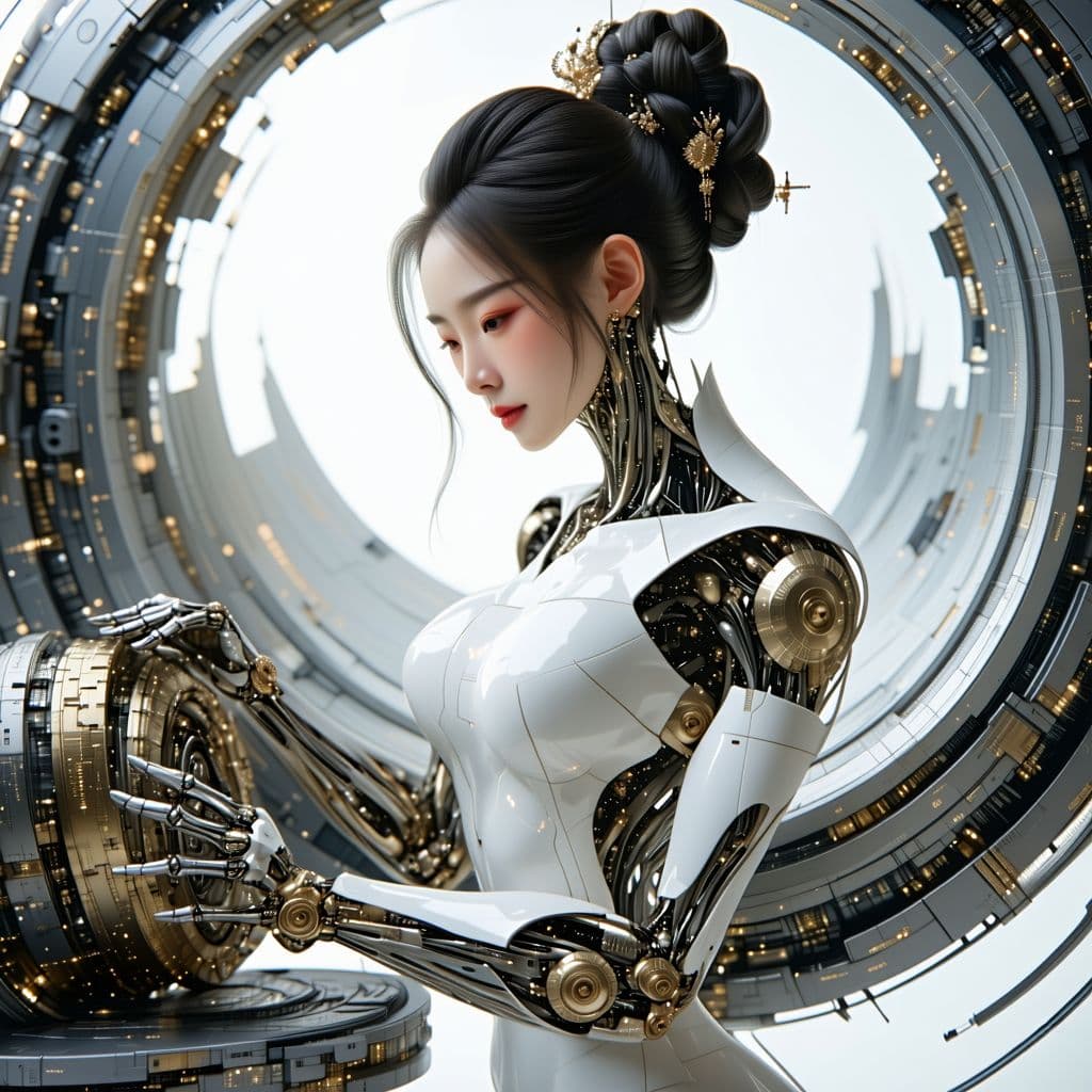 AI generated: beautiful chinese woman with the perfect cheek bones most gorgeous hair, but her body is made from p...