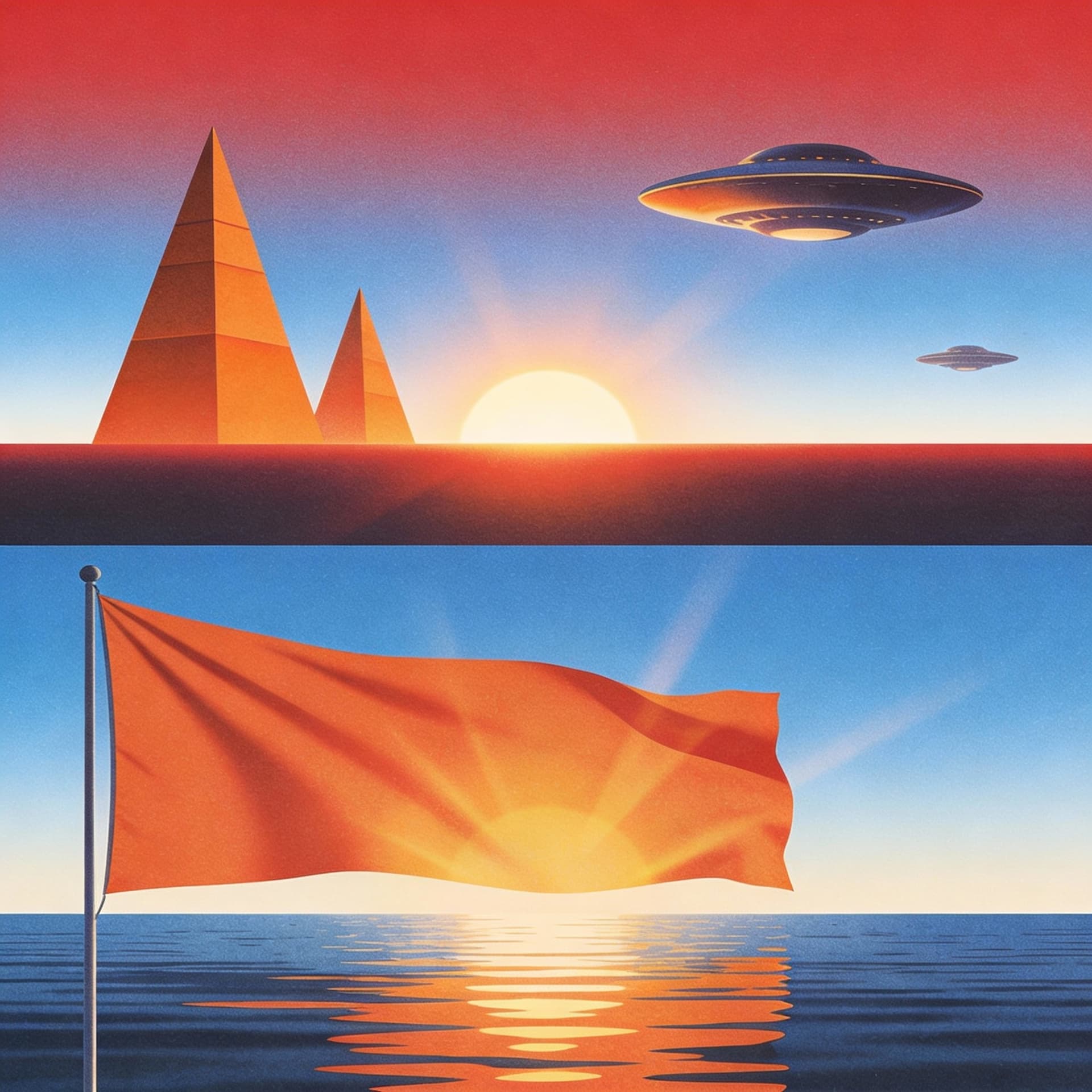 AI generated: flag,dual_sided,horizontal_divide,upper_half,horizon,sunrise,orange pyramids rising in the air and f...