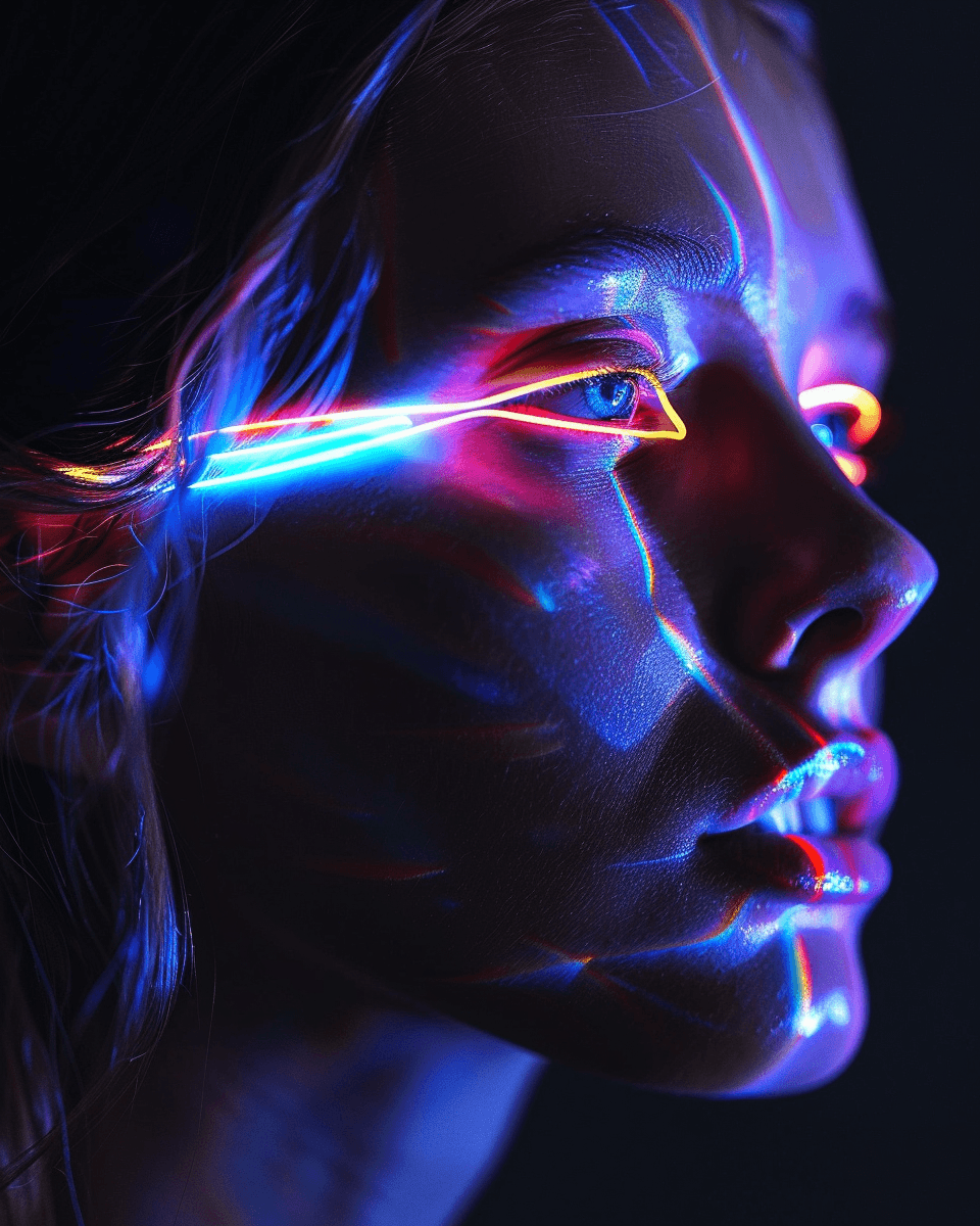 AI generated: A girl with light neon lines coming out of her eyes, ethereal against a black background, glowing co...