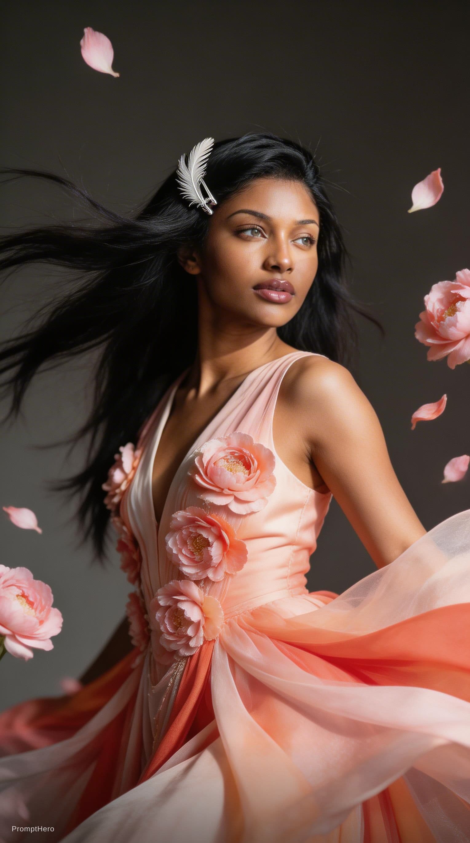 AI generated: create a Cinematic editorial portrait of a youthful Indian actress with long dark hair flowing in th...