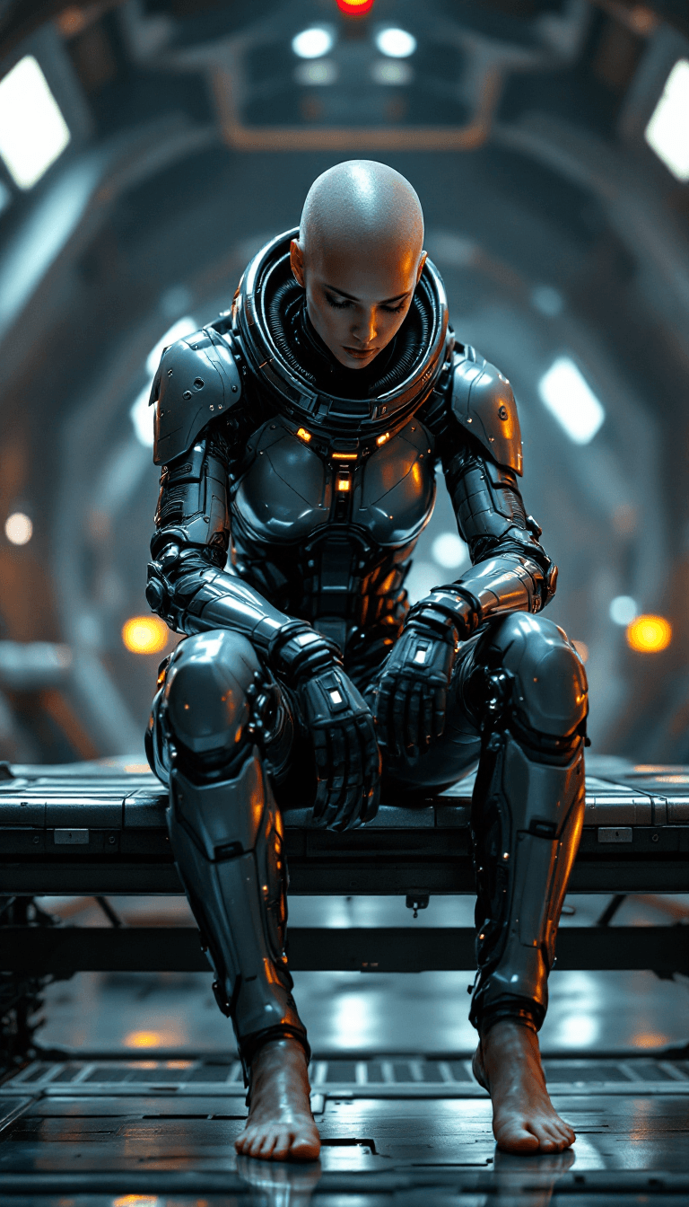 AI generated: Full-body view of a stunning, photorealistic image of a sci-fi warrior, clad in a sleek, high-tech s...