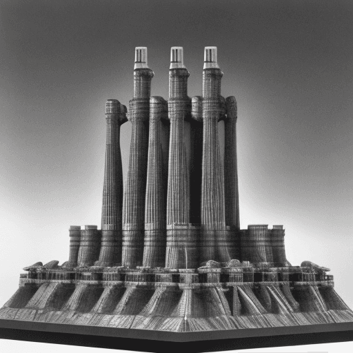 AI generated: brutalist temple to the nuclear gods with statues, industrial detailed, nuclear plan, under a purple...