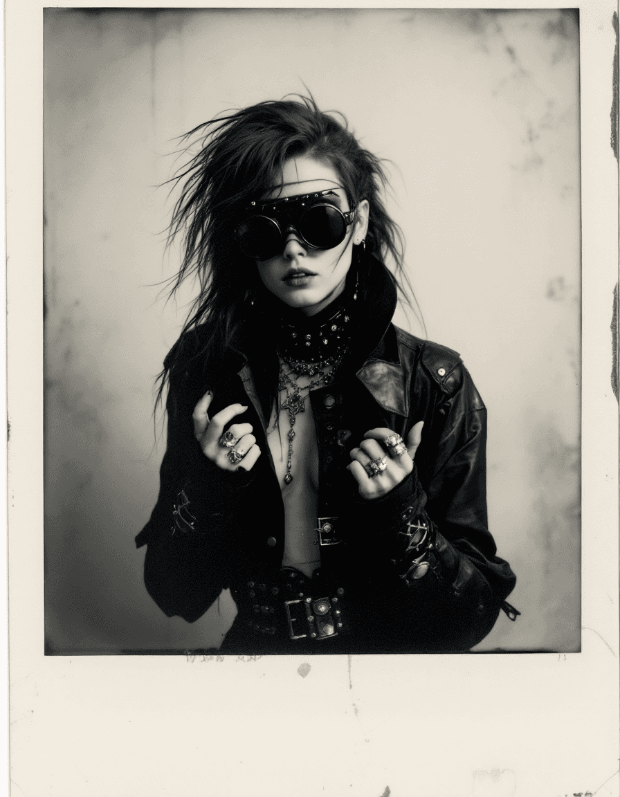 AI generated: Punk girl, old polaroid photo, medieval, sad mood, b&w