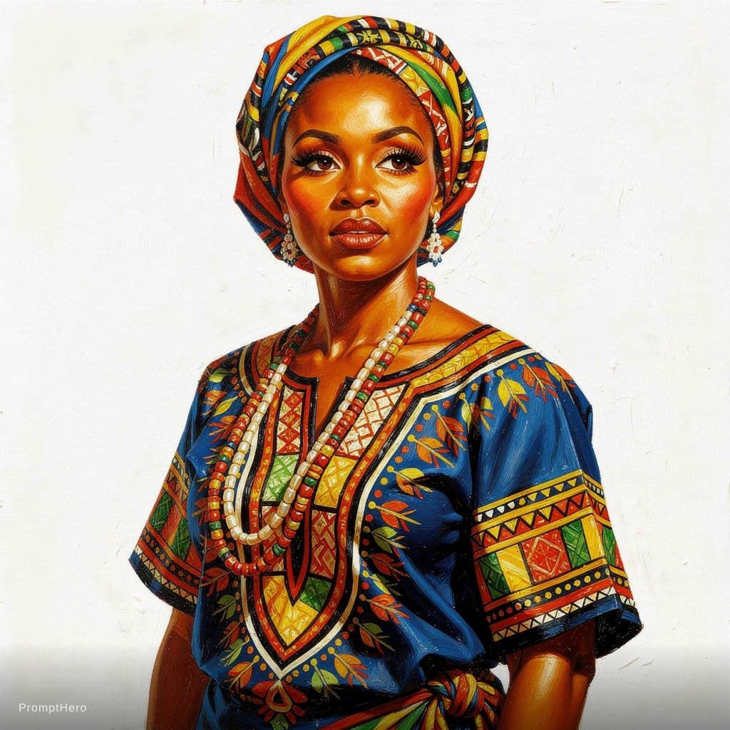 AI generated: full-body image of A vibrant acrylic oil painting of an African woman with flawless makeup, embodyin...