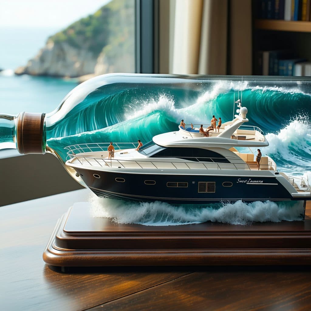 AI generated: A realistic ship in a bottle, featuring a 2005 76-foot Lazzarra luxury super yacht scene. The yacht ...