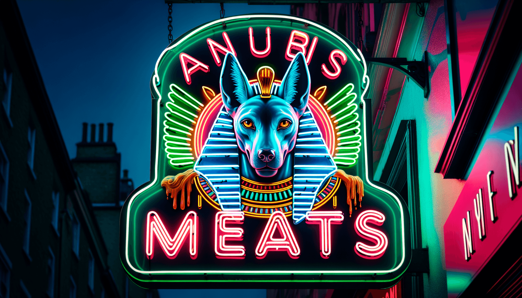 AI generated: come on down to Anubis meats home of the jackal headed butcher, style neon