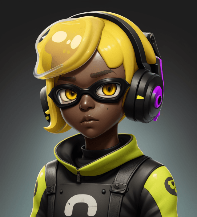 AI generated: splatoon, inkling, short hair, dark skin, yellow hair, mindless, drone, visor, hypnotized, frye