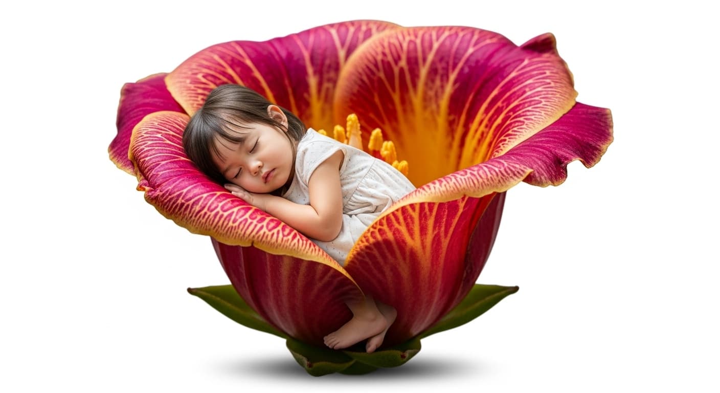 AI generated: In the calyx of an exotic flower, an adorable Asian girl lies down and sleeps, white background.