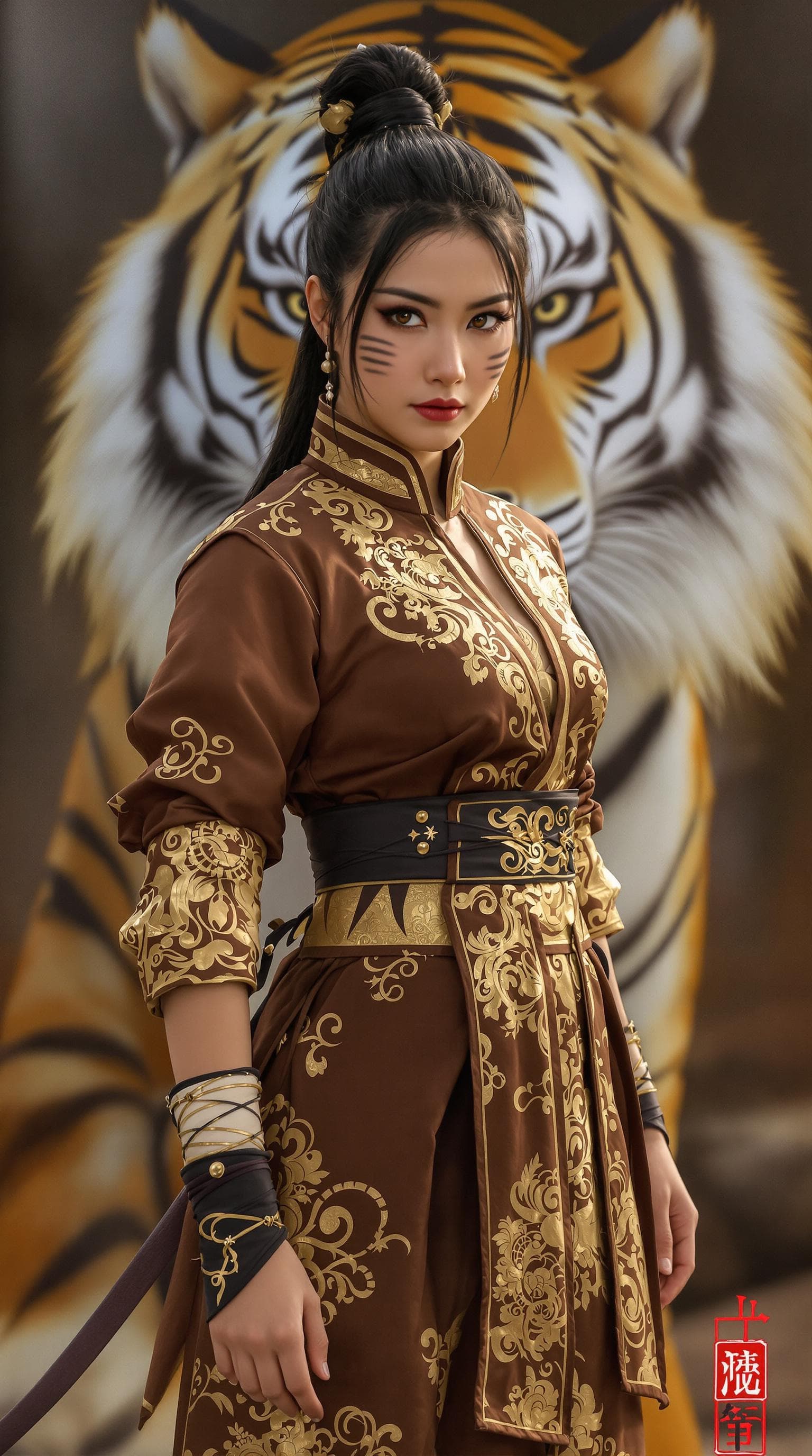 AI generated: A hyper-realistic image of a Chinese woman in her late 20s; tall and athletic, fierce golden eyes wi...
