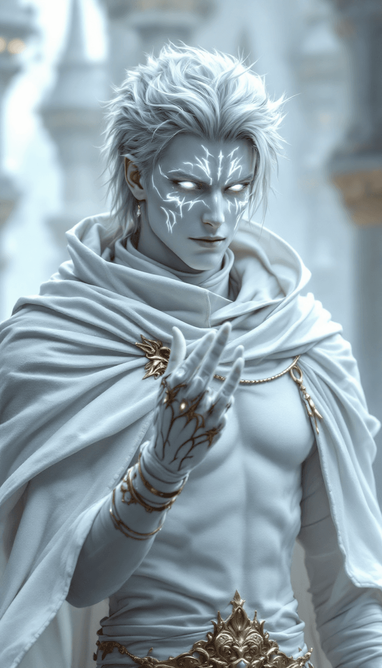 AI generated: all white, white final fantasy, male, mage, priest, white body skin, fantasy big white color full bo...