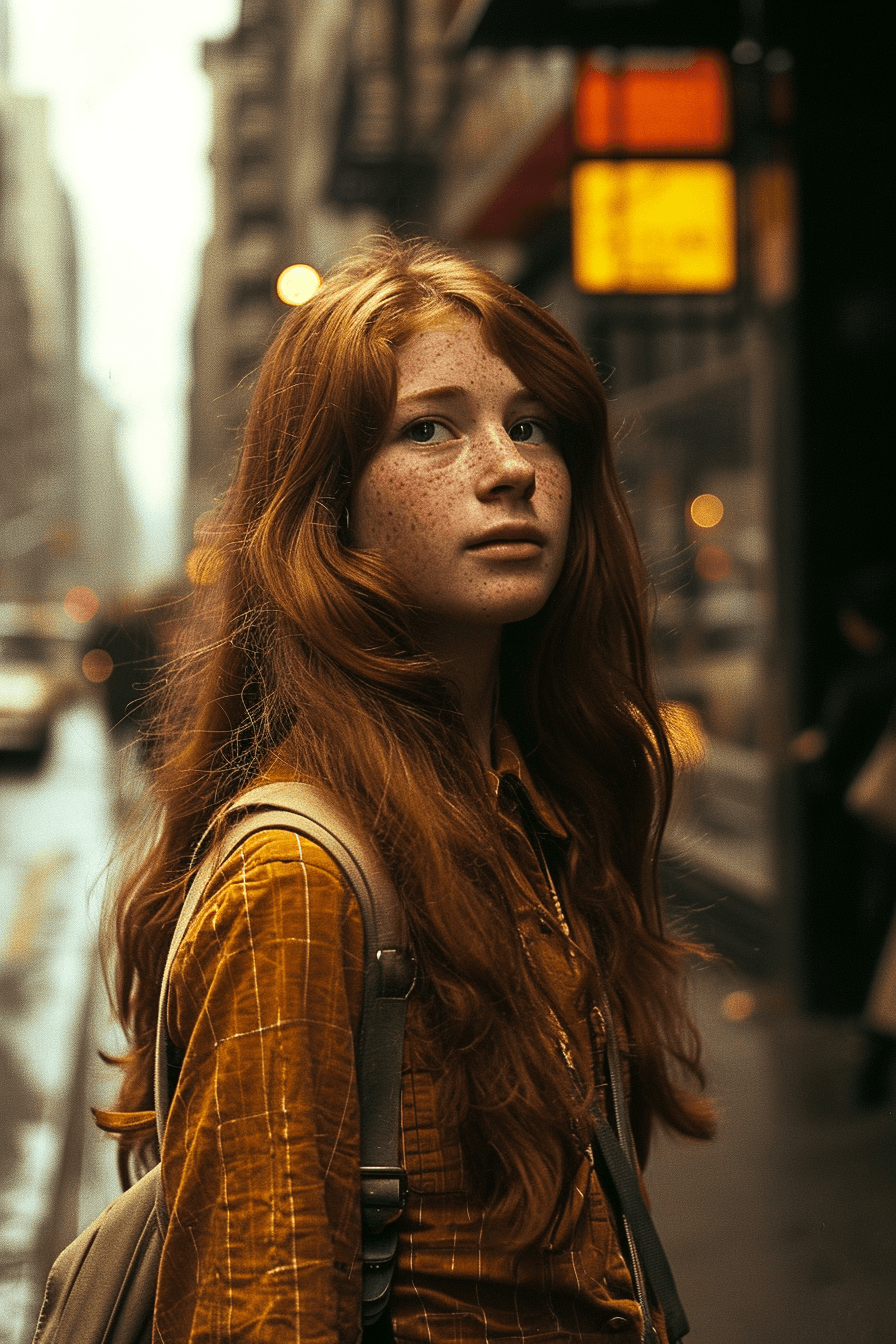 AI generated: 1970s wide open full body shot, Ektachrome film still of a young ginger woman with freckles on the s...