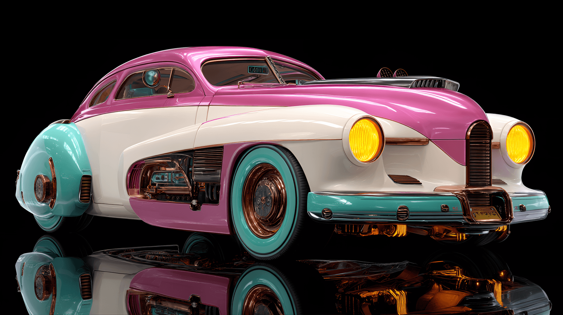 AI generated: Retro-futuristic custom car, vibrant pink and teal,  detailed 1940s-style coupe with a jukebox-style...