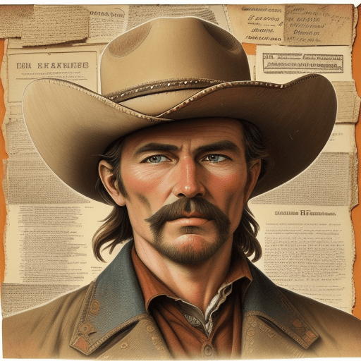 AI generated: Very finely detailed 2-dimensional papar collage, featuring the face of a weatherworm western cowboy...