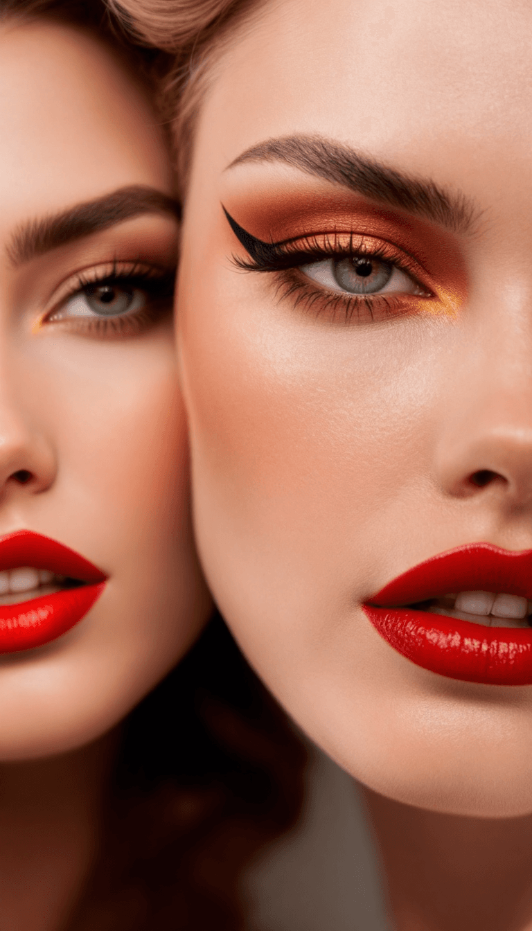 AI generated: Drawing inspiration from past eras, often featuring winged eyeliner, red and brown lips, and soft, r...