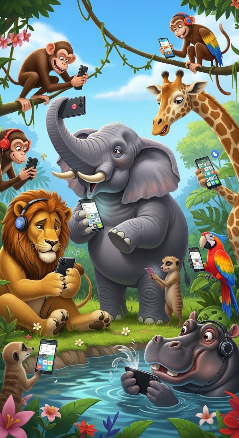 AI generated: several animals in the wild around a pond, all using their cellphones, as to mimic humans in 2025