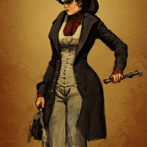 AI generated: Concept art of a beautiful female industrial 1900s gangster   in the style of Ashley Wood ,Keira Kni...